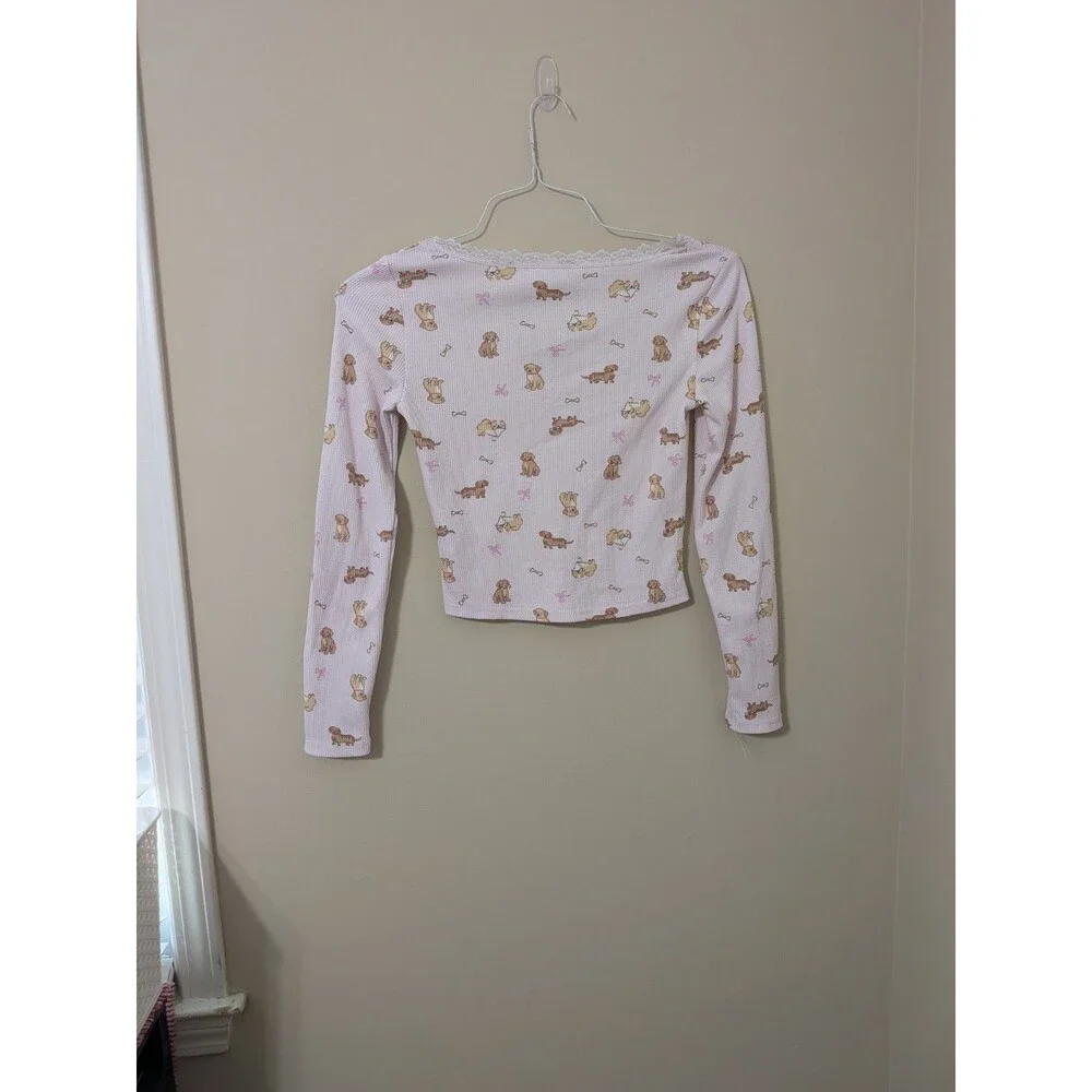 Pink Dog Print Pointelle Crop Top Lace Trim Girly Coquette Long Sleeve